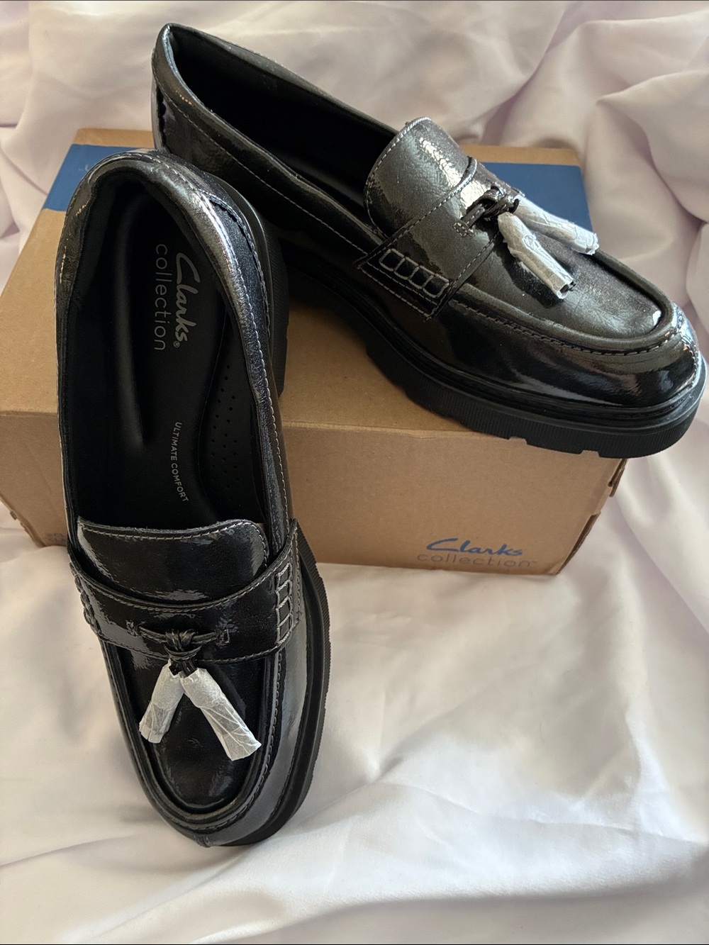 Women’s Clarks Gun Metal Patent Tassel Loafer - Size 9